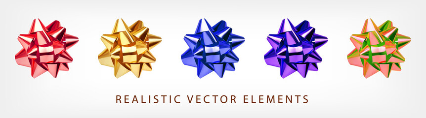 Set of colorful bows, red, blue, violet, gold, metallic isolated on white. Realistic vector elements for holiday.