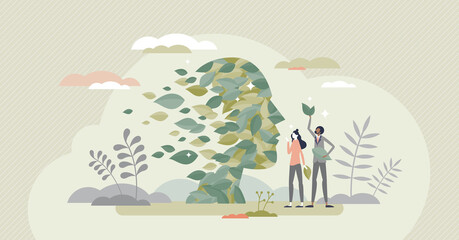 Green thinking as face rejuvenale with sustainable leaves tiny person concept