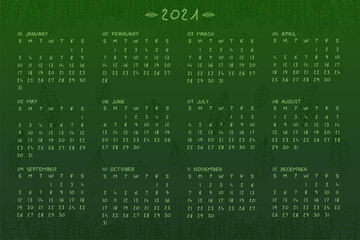 2021 year wall annual calendar template in minimalist botanical eco style. Calendar design concept with hand drawn font type and green leavesstyle. Week Starts on Sunday