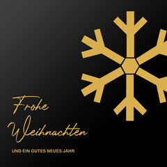 Schöne Weihnachtskarte oder Banner für eine Webseite oder Präsentation mit Gruß Frohe Weihnachten und einem großen goldenen Stern auf schwarzen Hintergrund