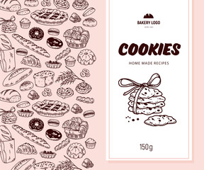 Vector packaging design with bakery goods pattern and cookies label / banner. Hand drawn cookie illustration, doodle style. Line art.