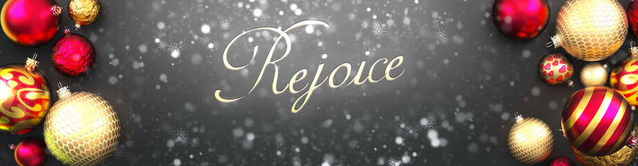 Rejoice and Christmas,fancy black background card with Christmas ornament balls, snow and an elegant word Rejoice, 3d illustration