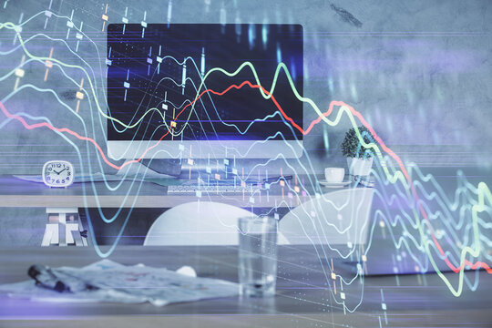 Multi exposure of financial graph drawing and office interior background. Concept of market analysis. - Powered by Adobe