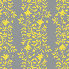Elegant jacquard effect wild meadow grass seamless vector pattern background. Yellow grey backdrop of leaves in stylized geometric damask design Botanical baroque foliage all over print.