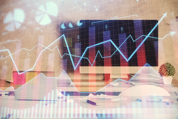 Multi exposure of financial graph drawing and office interior background. Concept of market analysis.