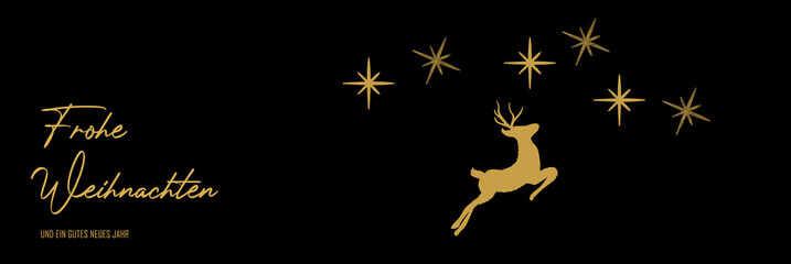Schöne Weihnachtskarte oder Banner mit Gruß Frohe Weihnachten und ein gutes neues Jahr mit goldenen Weihnachtssternen und einem Rentier auf schwarzen Hintergrund für Webseite oder Präsentation