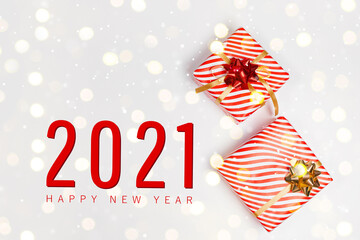 2021 happy new year and christmas horizontal composition with christmas gift boxes decor on light background