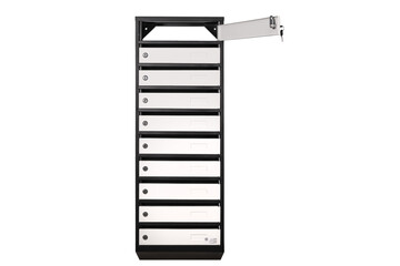 Mail boxes filled of leaflets and letters. Shallow DOF Mailboxes and Lock in Rows at Entrance