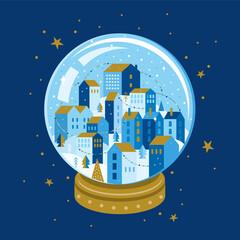Night winter city landscape inside a Christmas glass ball with a gold base. Xmas Snowball with trees and house in geometric style. New year city with garlands on a dark blue background with gold stars
