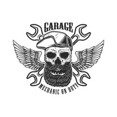  Mechanic on duty. Bearded skull in baseball cap  with wings and crossed wrenches. Design element for logo, label, sign, emblem, poster, t shirt. Vector illustration