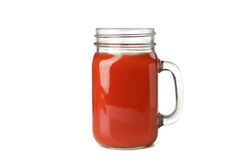 Glass jar of tomato juice isolated on white background