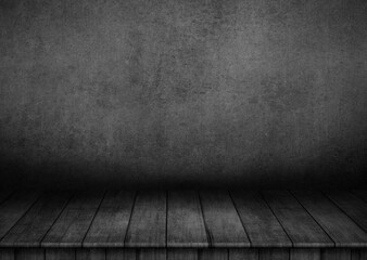 Wooden table on black wall in dark room background for product montage. 3d illustration.