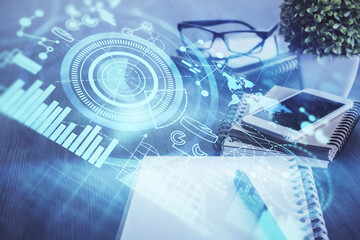 Double exposure of financial theme drawing and cell phone background. Concept of business