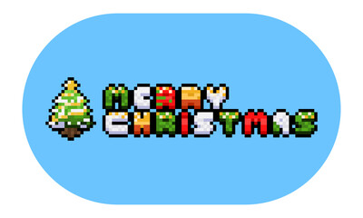 Pixel art merry christmas text design with christmas tree.