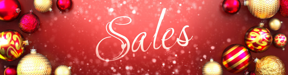 Sales and Christmas card, red background with Christmas ornament balls, snow and a fancy and elegant word Sales, 3d illustration
