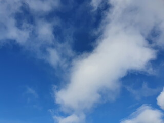 Fototapeta premium The bright blue sky and fluffy white clouds are the beauty of nature. The atmosphere of the sky in the calm evening has no sunlight. 