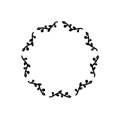 Decorative round frame flower hand drawn ink sketch illustration white backdrop. Floral branch wreath line art for package florist shop cosmetic design wedding invite, greeting card Women's Day Easter