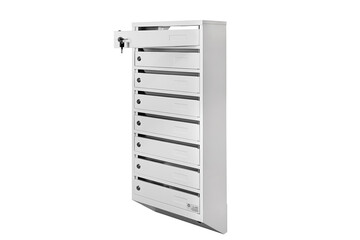 Mail boxes filled of leaflets and letters. Shallow 
 Mailboxes and Lock in Rows at Entrance