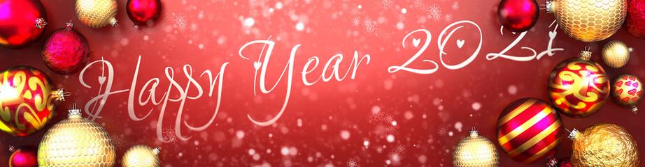 Happy year 2021 and Christmas card, red background with Christmas ornament balls, snow and a fancy and elegant word Happy year 2021, 3d illustration
