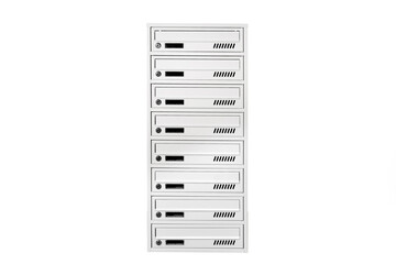 Mail boxes filled of leaflets and letters. Shallow 
 Mailboxes and Lock in Rows at Entrance