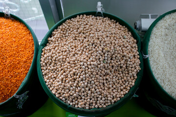 dried beans in burlap bags, top view