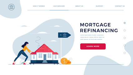 Mortgage refinancing homepage template. Woman drags a home to the bank for house pawning with getting cash out. Re-mortgage, property refinance concept for web site design. Flat vector illustration - obrazy, fototapety, plakaty
