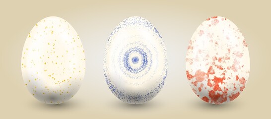Traditional set of eggs in pastel hand drawn textures on a light gradient background.