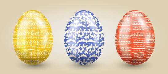 Traditional set of eggs in pastel hand drawn textures on a light gradient background.