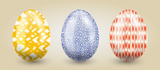 Traditional set of eggs in pastel hand drawn textures on a light gradient background.