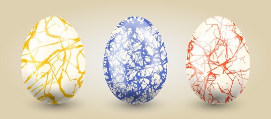 Traditional set of eggs in pastel hand drawn textures on a light gradient background.