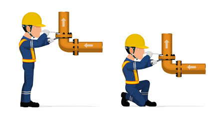 An industrial worker is fastening flange on white background.