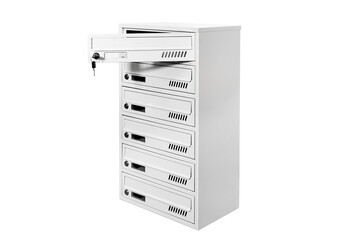 Mail boxes filled of leaflets and letters. Shallow 
 Mailboxes and Lock in Rows at Entrance