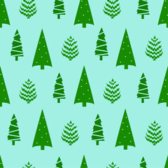 Christmas trees with festive balls on a blue background. Seamless pattern. Winter decor. Vector illustration. For textile, poster and postcards.