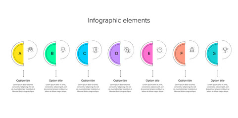 Business process chart infographics with 7 step circles. Circular corporate workflow graphic elements. Company flowchart presentation slide template. Vector info graphic design.
