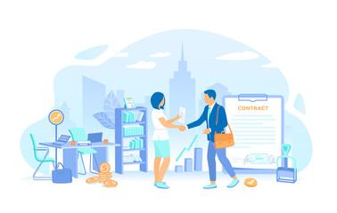 Business people shaking hands after signing contract. Agreement, Partnership, Sponsoring, Business idea, Startup, Success deal. Working process, teamwork communication. Vector illustration flat style