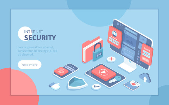 Internet security, Cybersecurity, Protection of personal data. Password protection, touch id, face id. Isometric vector illustration for poster, presentation, banner, website.