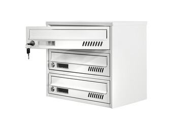 Mail boxes filled of leaflets and letters. Shallow DOF,Mailboxes and Lock in Rows at Entrance