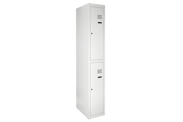 White lockers with silver numbers in bright interior. Change room metal box row