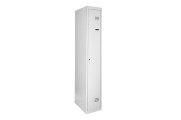 White lockers with silver numbers in bright interior. Change room metal box row