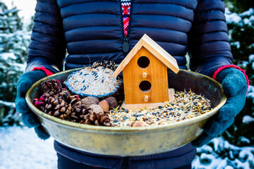 Feeding birds in winter. Woman with bird food. Bird feeders.