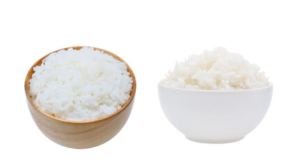 rice in wooden bowl on white background