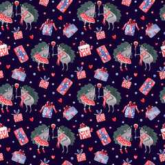 Watercolor seamless pattern with cheerful hedgehogs and gift boxes decorated with bow ribbons for Valentine's day, birthday on dark. Great for fabrics, wrapping papers, covers. Pink, red, blue colors.
