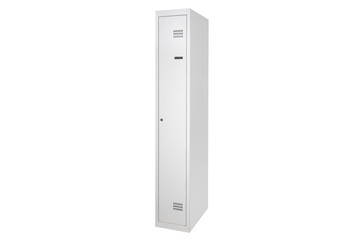 White lockers with silver numbers in bright interior. Change room metal box row