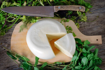 A cheese on a wooden board with green herbs background. Georgian cheese sulguni