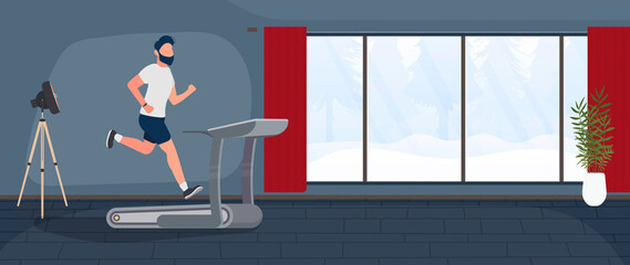 The guy runs on a treadmill. A man is engaged in a running simulator. The concept of sport and healthy lifestyle. Gym, exercise machine. Vector.