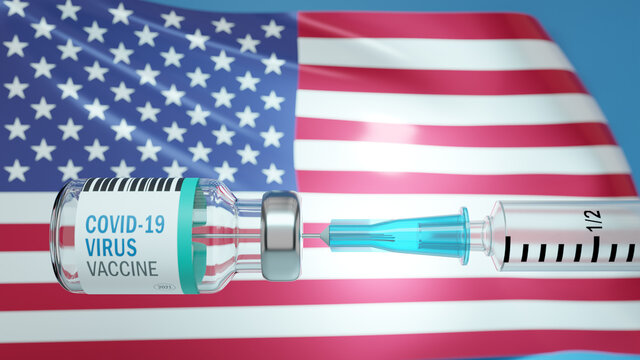 A syringe with a needle is inserted into the vial, labeled word Covid-19 Vaccine on a flag of the United States of America background. 3D rendering image.