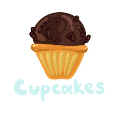 Cupcakes bakery icon. Pastry shop, confectionery. Sweet dessert design template. Cupcakes bakery icon. Dark cream muffin with chocolate whipped icing frosting. St. Valentines day flat kawaii icon