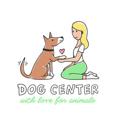 Vector hand drawn emblem for dog training center. Brown puppy gives a paw to the blonde girl, isolated on white background