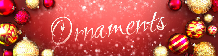 Ornaments and Christmas card, red background with Christmas ornament balls, snow and a fancy and elegant word Ornaments, 3d illustration