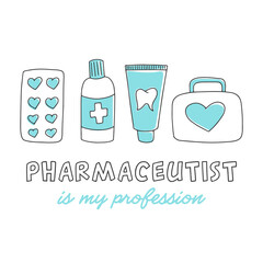 Vector hand drawn poster. Set of icons: pills, tooth paste and first aid kit. Pharmacuetical or drug store concept, isolated on white background